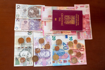 various euro banknotes and coins CZK IDR PLN and passport