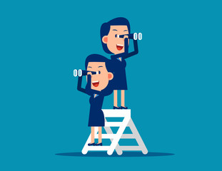 Teamwork and telescope. Stage of work concept. Vector style