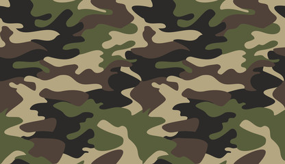 Camouflage pattern background vector. Classic clothing style masking camo repeat print. Virtual background for online conferences, online transmissions. Green brown black olive colors forest texture - obrazy, fototapety, plakaty