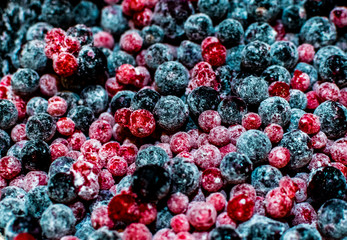 Mix of frozen red currant and black currant. Close up view. 