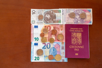 various euro banknotes and coins PLN and passport