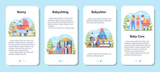 Babysitter service or nanny agency mobile application banner set.