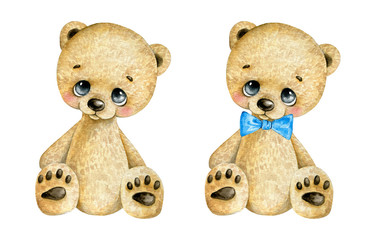 Watercolor illustration of a cute cartoon teddy bear with a blue bow tie on a white background