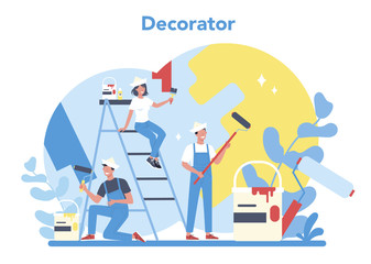 Male and female decorator painter in the uniform paint the wall