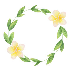 Floral exotic wreath with leaves and plumery watercolor illustration