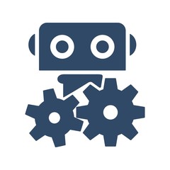 Robot head with gears illustration. Bot settings icon. Flat design.