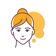 Fototapeta premium Human feeling satisfaction line color icon. Face of a young girl depicting emotion sketch element. Cute character on yellow background. Outline vector illustration.