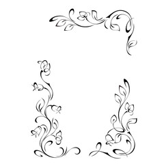frame 37. decorative rectangular frame with stylized flowers on stems with leaves, bells and vignettes in black lines on a white background