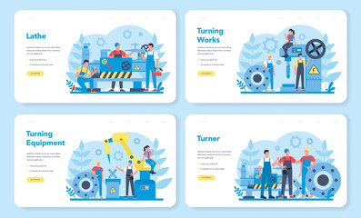 Turner or lathe web banner or landing page set. Factory worker using