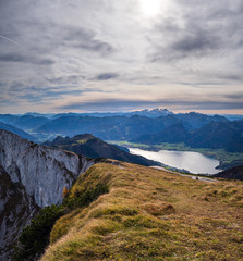 Picturesque autumn Alps mountain lakes view from Schafberg viewpoint, Salzkammergut, Upper Austria.