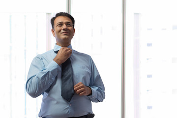 Businessman in formal clothes and eyeglasses adjusting his tie standing near a window
