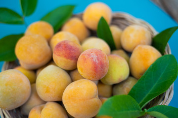  Peach fruit on wood table.
