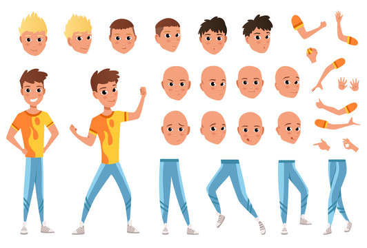 Young man character creation set. Full length, different views, emotions, gestures, isolated against white background. Build your own design. Cartoon flat-style infographic illustration