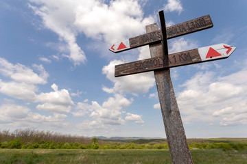 Wood signpost in the Bukk mountains near Szomolya, Hungary