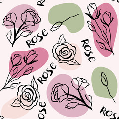 Seamless pattern with rose flowers and rose branches. Doodle style.
