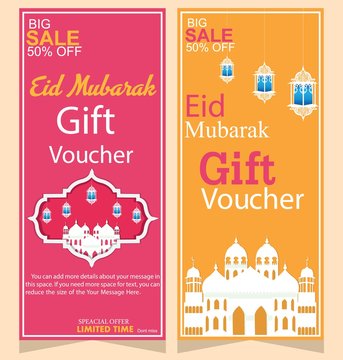 Eid Mubarak Celebration of Pink and yellow gift voucher in vertical design Invitation or Gift Card Template for Muslim Community Festival