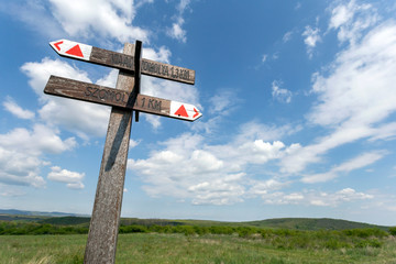 Wood signpost in the Bukk mountains near Szomolya, Hungary