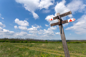 Wood signpost in the Bukk mountains near Szomolya, Hungary