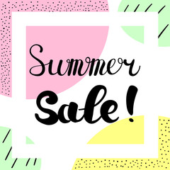 Fototapeta na wymiar Summer sale banner with hand lettering. Fun doodle design for banner, poster, card, flyer or web site. Hand drawn vector illustration.