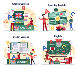 English course concept set. Study foreign languages in school