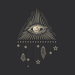 Vector illustration set of moon phases. Different stages of moonlight activity in vintage engraving style. Zodiac Signs, shining crystals, female hand