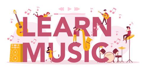 Learn music typographic header concept set. Young performer playing
