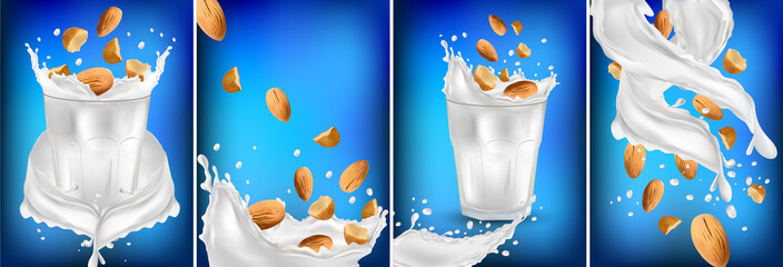 Almond milk in a glass. 3D realistic nuts. Fresh milk splashes. Organic almond milk. Collection Milk label template. Vegetarian. Banner. Vector illustration.