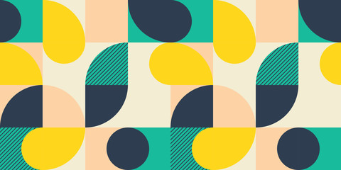 Colorful geometric seamless pattern in Scandinavian style. Abstract vector background with simple shapes and textures.