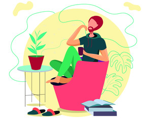 Young man sitting on modern chair relaxing in her living room drinking coffee or tea, .Vector illustration cartoon characterng. Active and healthy lifestyle. Vector illustration in cartoon style