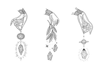 Vector illustration set of moon phases. Different stages of moonlight activity in vintage engraving style. Zodiac Signs, shining crystals, female hand