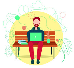 A man is sitting on a bench. A man is working on a laptop