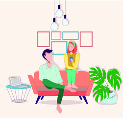 The family is sitting on the sofa. Husband and wife communicate at home