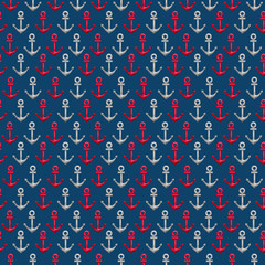 Seamless pattern with watercolor red and silver grey anchors. Hand drawn nautical (marine) illustration on navy blue background for design card, print, textile, wrapping paper, scrapbooking.Sea theme