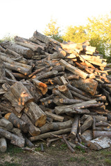 Pile of chopped fire wood prepared for winter. Preparation of firewood for the winter.