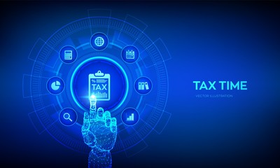 Obraz premium Concept tax payment. Data analysis, financial research report and calculation of tax return. Payment of debt. Government, state taxes. Robotic hand touching digital interface. Vector illustration.