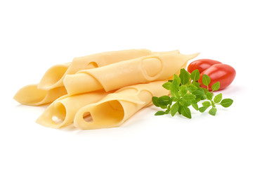 Sliced Dutch Gouda cheese, isolated on white background