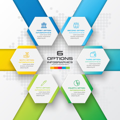 Hexagon business infographics template with 6 options in white color background