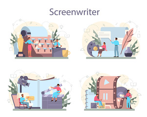 Fototapeta na wymiar Screenwriter concept set. Person create a screenplay for movie. Author