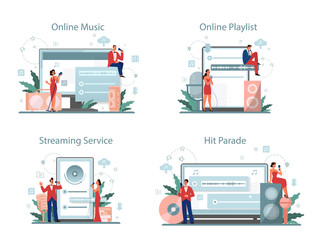 Fototapeta na wymiar Music streaming service and platform set. Streaming music online