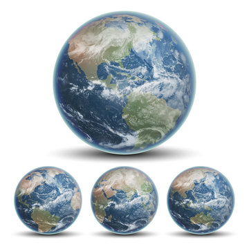 Blue planet Earth and three smaller globes. Highly realistic illustration.