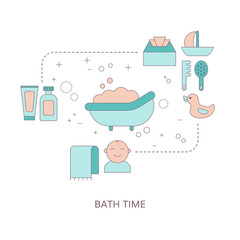 Baby bath time concept with baby care icons.