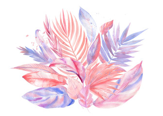 bouquet of Palm pink and purple leaves, leaves of palm tree, watercolor illustration on isolated white background, greeting card