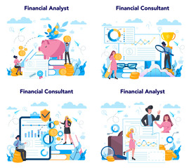 Financial analyst or consultant set. Business character making financial