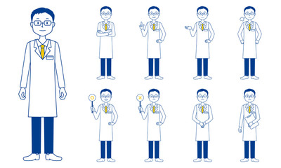 Healthcare worker (doctor) character set in 9 poses isolated vector illustartion