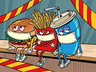 restaurants are closed for a coronavirus epidemic quarantine.. sad fast food characters fries Cola Burger
