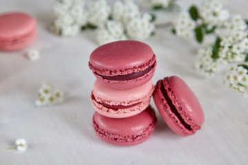 Pink macarons / macaroon on a white wooden table with white blossoms in the background.