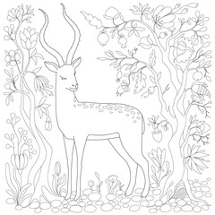 Coloring page. Coloring. Antistress coloring book for adults. hand drawn goat sketch with trees, floral background