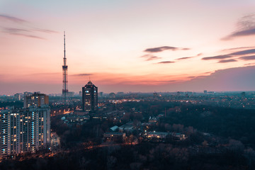 Fototapeta na wymiar view from the roof of the evening Kiev, TV tower