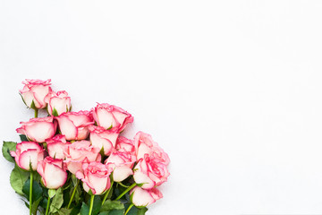 Pink roses bouquet on white background. Mother's day, Valentines Day, Birthday celebration concept. Copy space