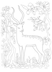 Coloring page. Coloring. Antistress coloring book for adults. hand drawn roe sketch with trees, floral background